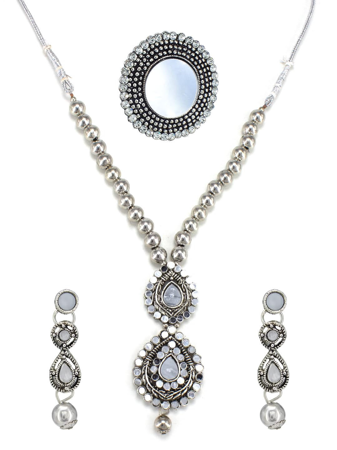 Buy Silver Oxidised Mirror Drop Studded Jewellery Set For